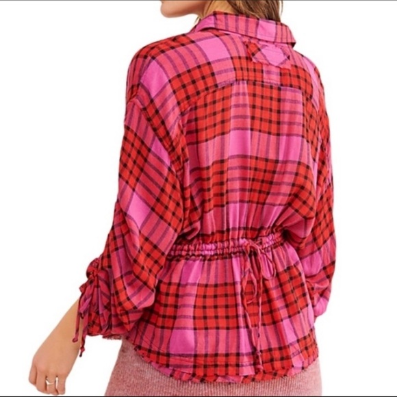 FREE PEOPLE Pacific Dawn Blouse Bohemian Top Plaid Snap Buttons Ballon Sleeves - Picture 2 of 6